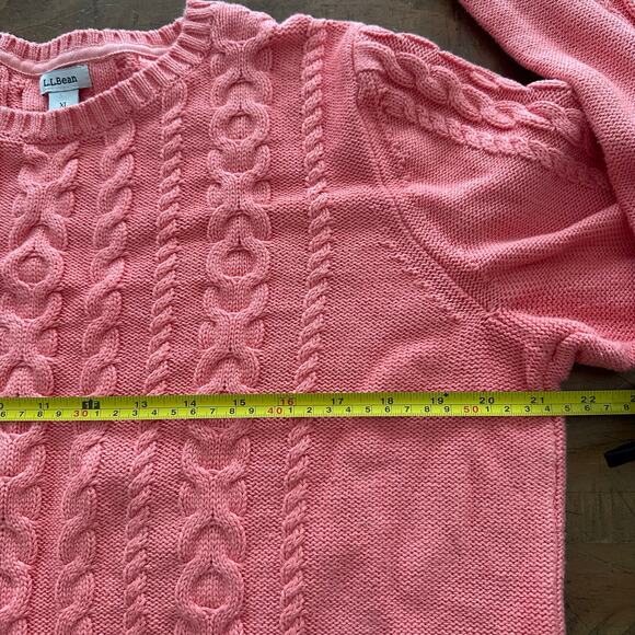 LL Bean Double Cable Knit Crew Neck Sweater Peach Pink Chunky Fisherman Style XL - Picture 8 of 9
